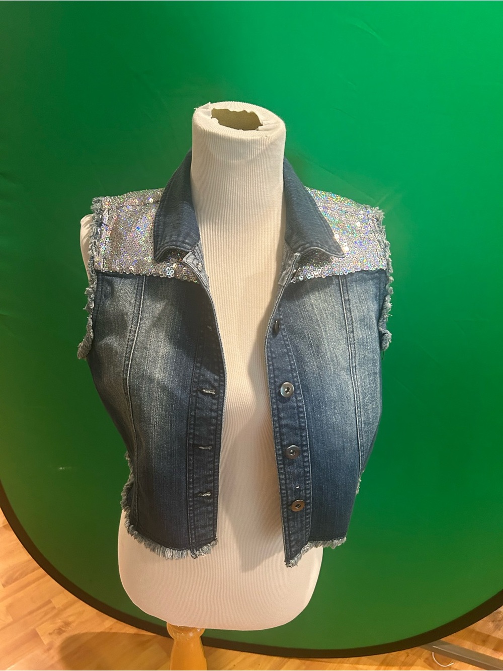 Sequin Shoulder Denim Vest - Women's Blue Jean Vest - Picture 2 of 3